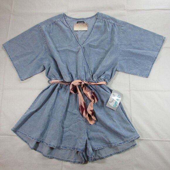 Hooey Women's Short Sleeve Pink Aztec Belted Denim Romper - Picture 3 of 4